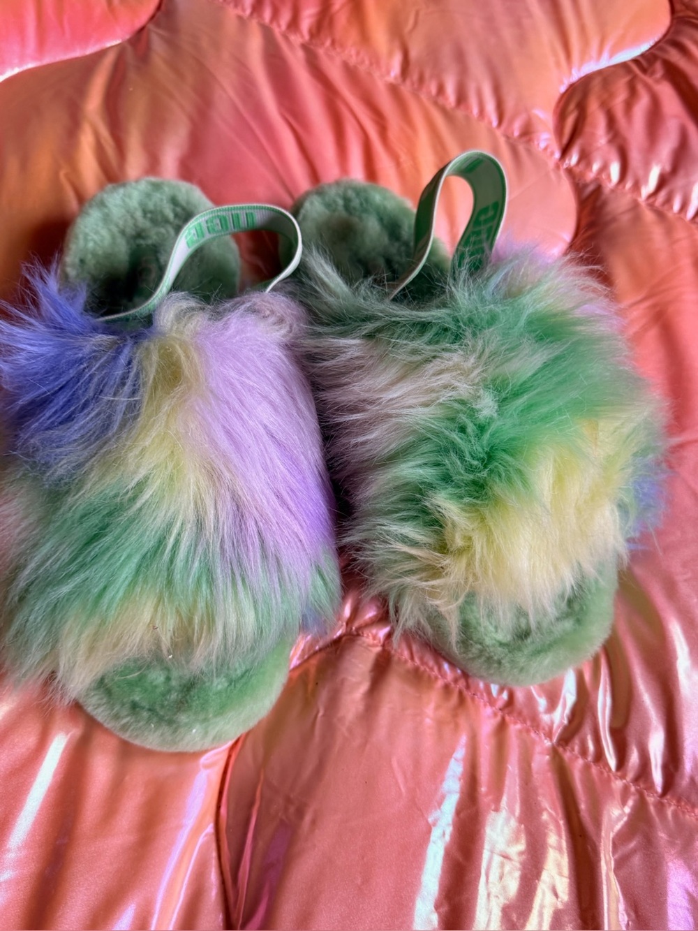 UGG Green Multicolor Fuzzy Slide Sandals with Elastic Back